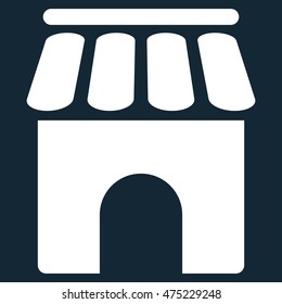 Shop Building icon. Vector style is flat iconic symbol, white color, dark blue background.
