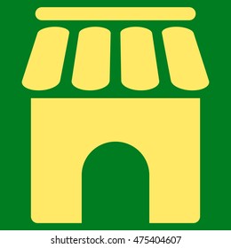 Shop Building icon. Vector style is flat iconic symbol, yellow color, green background.