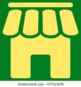 Shop Building icon. Vector style is flat iconic symbol, yellow color, green background.