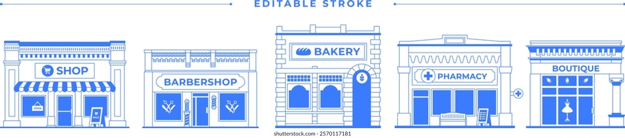 Shop building isolated icon set. Bakery store, barbershop, pharmacy. Local business on white background. One color blue outline graphics. Vintage line art infographic illustration. Editable stroke.