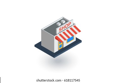 Shop building isometric flat icon. 3d vector colorful illustration. Pictogram isolated on white background