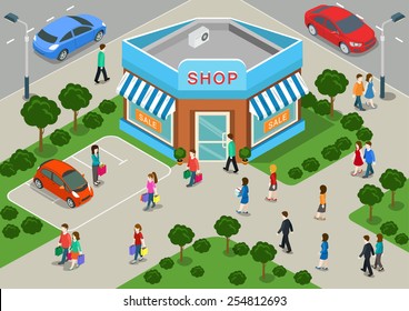 Shop Building Local Store Street Sale Flat 3d Web Isometric Infographic Shopping Retail Business Concept Vector. Crossroads House Window Showcase And Walking Customers. Creative People Collection.