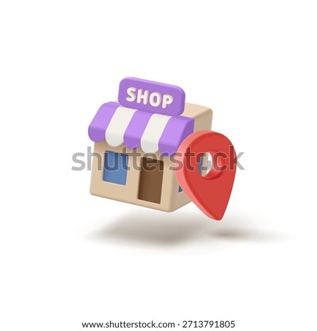 Shop building with location icon, 3D. For concepts of stores, sales, delivery of goods and products. Minimalistic cute icon. Vector illustration.