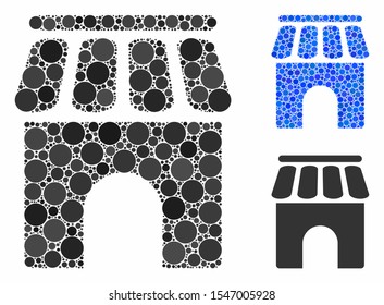 Shop building mosaic of small circles in various sizes and color tinges, based on shop building icon. Vector small circles are organized into blue collage.