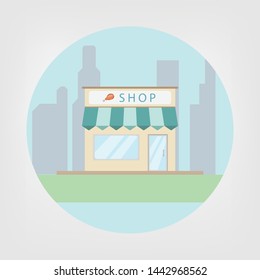Shop building on city background, flat icon vector eps10
