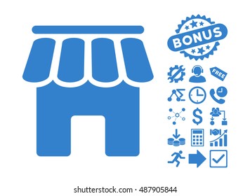 Shop Building pictograph with bonus elements. Vector illustration style is flat iconic symbols, cobalt color, white background.