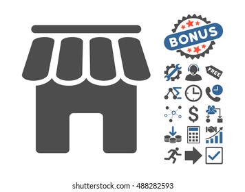 Shop Building pictograph with bonus elements. Vector illustration style is flat iconic bicolor symbols, cobalt and gray colors, white background.