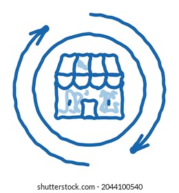 shop building round arrows sketch icon vector. Hand drawn blue doodle line art shop building round arrows sign. isolated symbol illustration