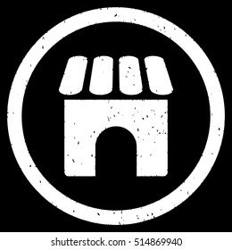 Shop Building rubber seal stamp watermark. Icon symbol inside circle frame with grunge design and dust texture. Scratched vector white ink emblem on a black background.