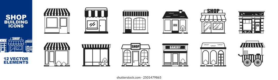 Conjunto de edificio de tienda. Conjunto de diferentes iconos de construcción de tiendas Vector sobre fondo transparente