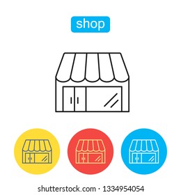 Shop building, simple store icon. Flat line Illustration isolated on white background. Vector Logo Template icons editable stroke in colorful circles. Design element for website brochure print media.