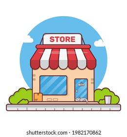 Shop Building with sleeping cat cartoon flat design illustration. Shop with open sign and cute cat slepping in front of store