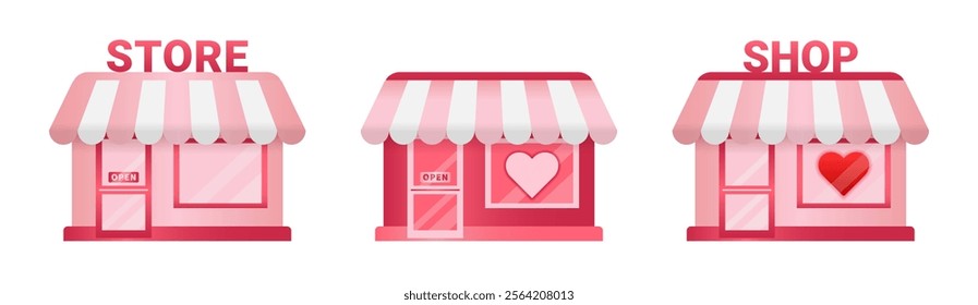 Shop building or store house pink icon set. Romantic commercial home symbol