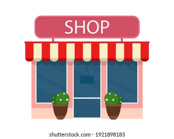 Shop building or town retail store. Exterior of store facade. Vector illustration flat cartoon style.