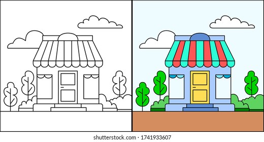 shop building vector, coloring book or page, vector illustration