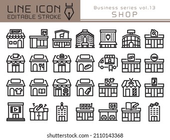 Shop building vector icon set. Editable line stroke.