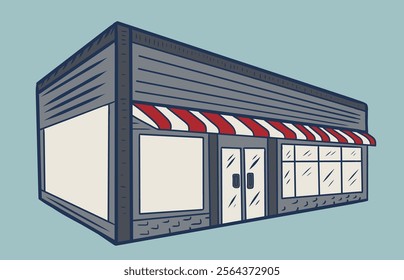 shop buildings isolated on white background. Stores selling baked and farm products, pizza, flowers, books, wine, meat, candies, toys. Colorful vector illustration in cartoon flat style.