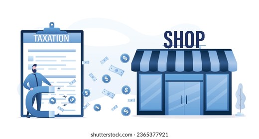 Shop or business pays taxes. Man inspector with magnet, receipt of tax payments. Government or bank clerk collects taxes and payments. Storefront and male character isolated. Vector illustration