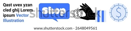 Shop button with chat bubble, hand holding a coin, pause button, and dollar symbol in a security shield. Ideal for e-commerce, online payments, financial security, digital marketing, web banners
