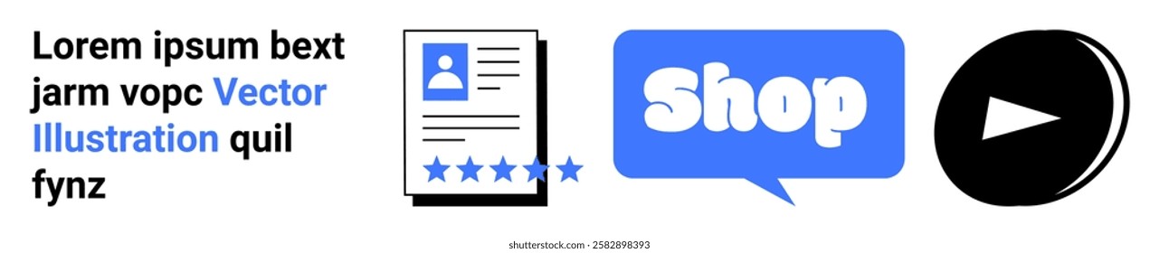 Shop button, a document with a 5-star rating and a play icon are represented. Ideal for e-commerce product reviews and online shopping guides customer feedback and digital marketing tutorials. Banner