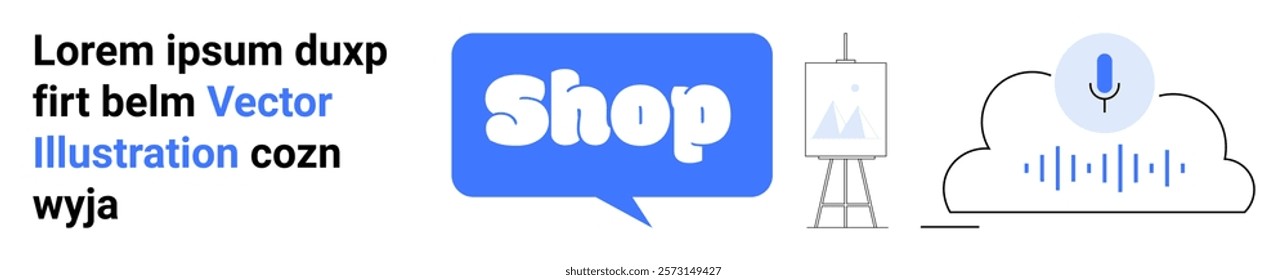 Shop button next to lorem ipsum text, an artwork on an easel, and a microphone in a cloud with sound waves. Ideal for e-commerce, online shopping, digital art, content creation, marketing. Banner