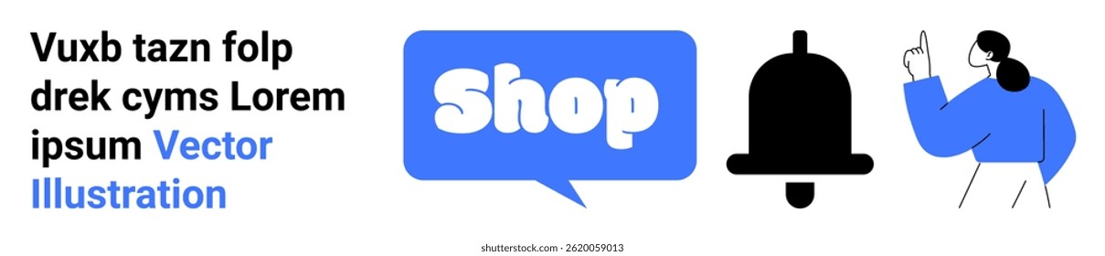 Shop button in a speech bubble, large notification bell, customer service agent pointing up. Ideal for online shopping, notifications, customer service, e-commerce, digital marketing. Banner