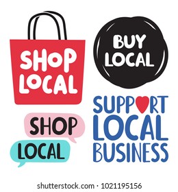 Shop, buy local. Support local business. Set of hand drawn doodles badges, icons. Flat vector illustrations on white background.