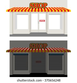 Shop by day and night. storefront at dusk. window in Sun. Shops is open. Sign showcases blinds