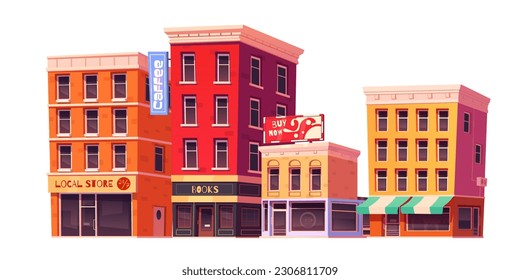 Shop and cafe buildings exterior, store front on city street. Commercial buildings and stores in town houses isolated on white background, vector cartoon illustration