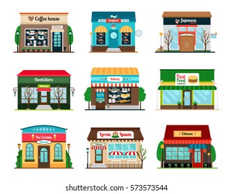 Shop and cafe colorful icons collection on white background. Bookstore, coffee house and oriental food restauran vector icons