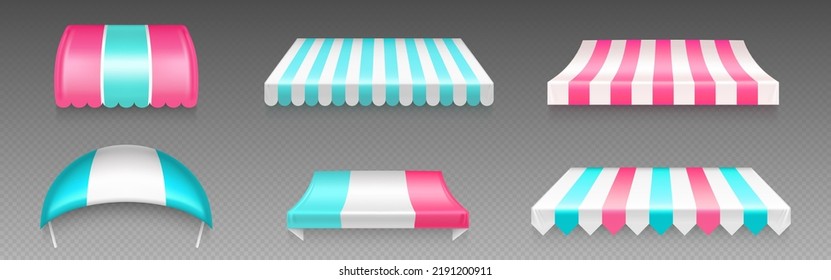 Shop, cafe or market canopy, awning with white, blue and pink stripes. Striped sunshade for grocery, candy store or stall with ice cream or cotton candy, vector realistic 3d. 3D Illustration