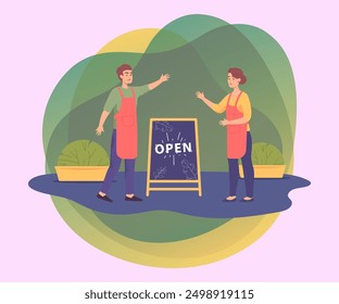 Shop or cafe owners standing next to open sign. Happy seller characters with blackboard reopening store flat vector illustration. Business, shop opening concept for banner or landing page