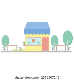 shop. cafe. vector illustration. food and beverage store. building, table, chairs, and trees