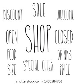 Shop cafe words text set for decoration design template