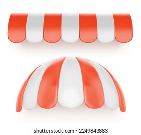 Shop canopy. Cafe sunshade, store awning or roof with red and white stripes isolated vector set svg