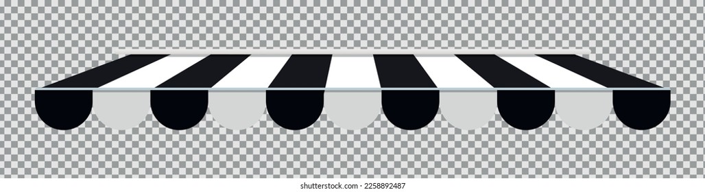 Shop canopy. Cafe sunshade, store awning or roof with black and white stripes isolated vector set. Vector illustration. EPS 10 svg