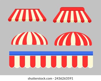 Shop-Vordach, Shop-Markise, Café-Sonnenschirm oder gestreiftes Dach Vektor-Set.
