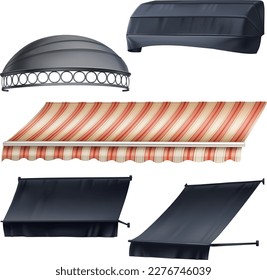 Shop canopy, store awning set. Tents, sun shade shelters isolated on white background