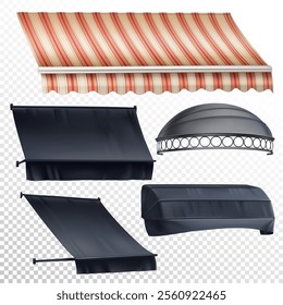 Shop canopy, store awning set. Tents, sun shade shelters images on transparent background