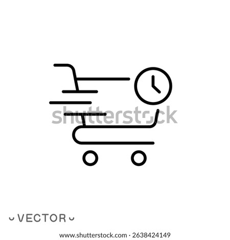 shop cart with clock icon, profitable offer time for shopping, promotion concept, thin line symbol isolated on white background, editable stroke eps 10 vector illustration