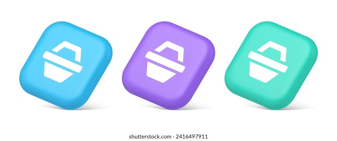 Shop cart digital commercial retail button marketplace global market app design 3d realistic blue purple and green icons. Shopping basket marketing grocery supermarket online service