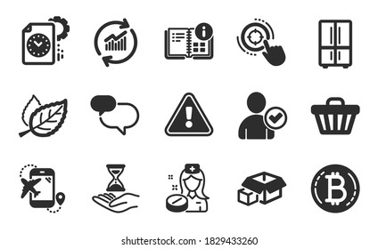 Shop cart, Flight destination and Bitcoin icons simple set. Refrigerator, Seo target and Chat message signs. Time hourglass, Identity confirmed and Update data symbols. Flat icons set. Vector