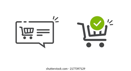 Shop cart icon line art outline vector with check mark and ecommerce basket trolley order sale notification bubble, internet web store element with cart full green check mark tick image