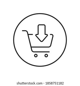 Shop cart icon vector line illustration. Add and Buy online vector trolley in circle thin line icon. Purchase outline button for online supermarket shopping design. E-commerce flat logo with arrow V1