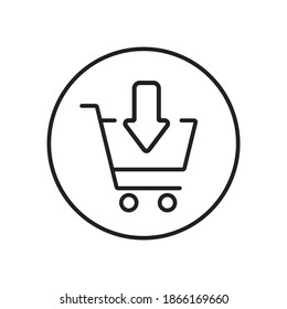 Shop cart icon vector line illustration. Add and Buy online vector trolley in circle thin line icon. Purchase outline button for online supermarket shopping design. E-commerce flat logo with arrow V1