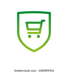 Shop cart on shield, secure shopping concept