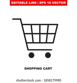Shop cart vector icon. Add / buy or purchase UI button template with trolley symbol for the online retail or supermarket. Thin line vector symbol for e-shop checkout menu. Online supermarket basket V1