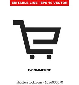 Icono del vector del carro de compra para el logotipo blanco y negro creativo. Añadir / comprar símbolo de carro de contorno para la aplicación de compras en línea del supermercado. Icono original de la cesta de la línea plana del mercado. Cuadro de insignia de compra del almacén web
