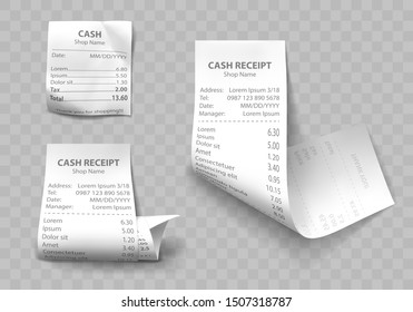 Shop cash receipt set of realistic isolated vector illustrations. Direct and curled paper payment bills with barcode, goods and their price, tax and total amount