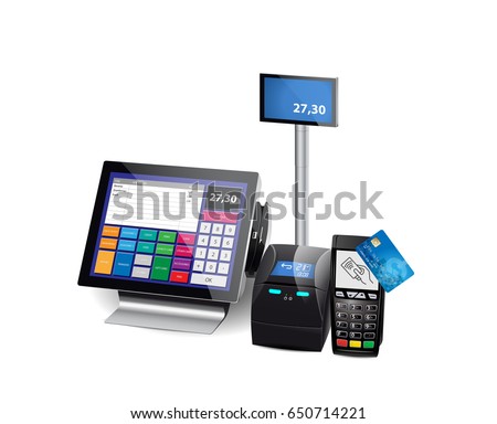 Shop cash register, printer and card payment terminal - retail equipment 
